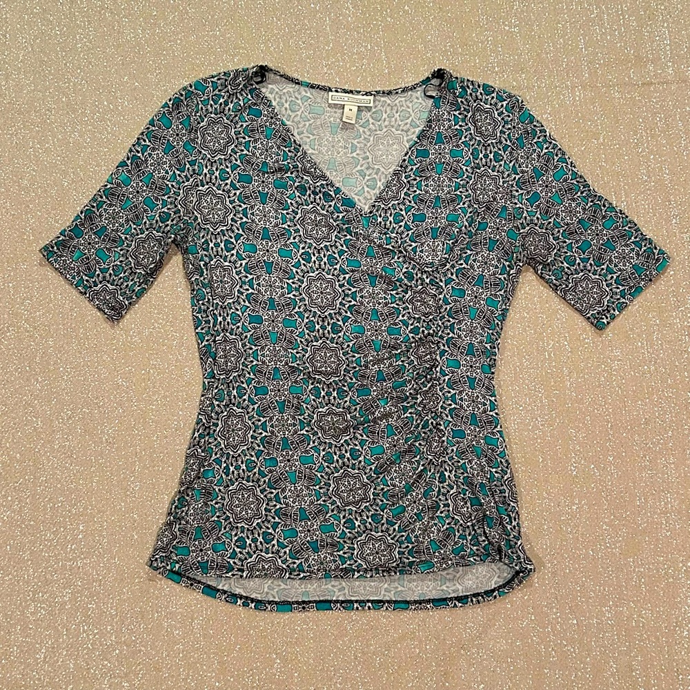 Dana Buchmann teal faux wrap blouse, size M